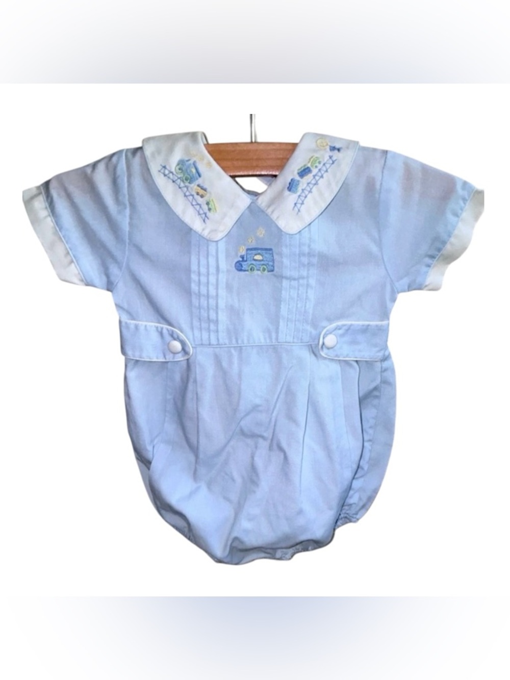 Carriage Boutiques Friedknit Creations 6m Heirloom Trains Smocked Bubble Romper